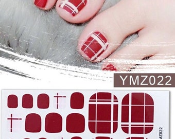22pcs Red Checks Toe Nail Wraps ~ Christmas Toenail Self-Adhesive Express Manicure Nail Stickers & FREE Shipping! (YMZ022)