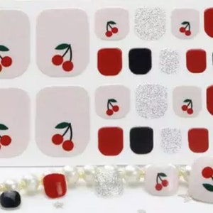 22pcs Red CHERRIES Black & Silver Toe Nail Wraps Toenail Self-Adhesive Express Manicure Nail Polish Stickers   (ZXJ003)