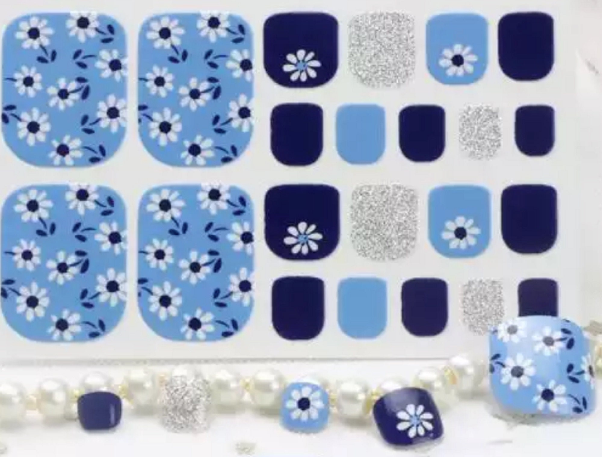 22pcs BLUE & White FLOWERS Silver Toe Nail Wraps Toenail Self