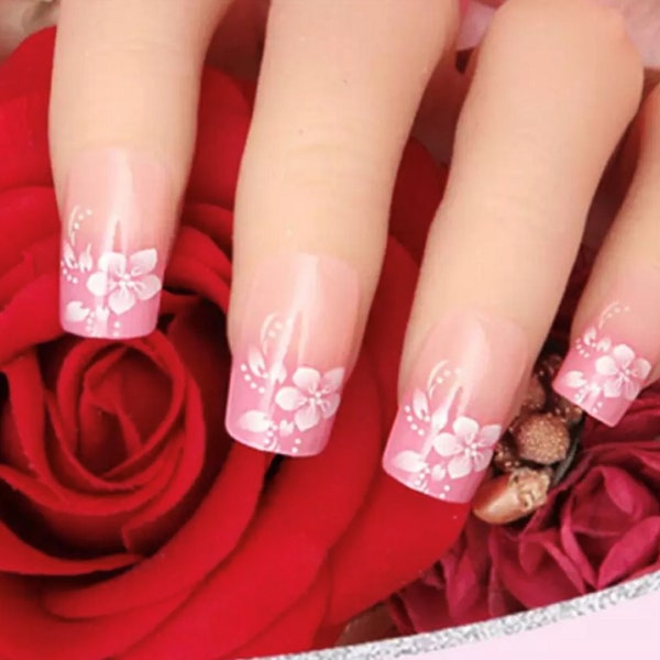 24pcs Long PINK Flowers FRENCH Manicure Artificial Finger Nail Set Fake False Press On Coffin Fingernail Glue Kit and FREE Shipping! (80)