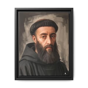 May include: A framed portrait painting of a bearded person with a tonsure hairstyle, wearing a dark hooded robe. The subject has a serious expression and is depicted against a neutral, brush-stroked gray background within a black frame.