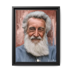 May include: A framed digital portrait of an older individual with a thick white beard and white hair, wearing a blue collared shirt. The subject has visible facial wrinkles and a gentle expression. The background features abstract brushstrokes in shades of muted red and brown, enclosed within a simple black frame.