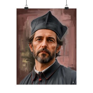 May include: A digital portrait of a person with a beard and mustache, wearing a dark grey clerical cap and a matching collared shirt with thin red piping along the front placket. The background features a textured, abstract brown and tan wash.