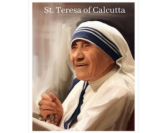 Puede incluir: Una pegatina con un retrato pintado de Santa Teresa de Calcuta. Se la representa sonriendo, vestida con un hábito blanco con un tocado a rayas azules y blancas. El texto "St. Teresa of Calcutta" está en la parte superior.