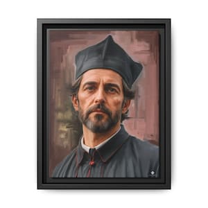 May include: A framed portrait painting of a person with a beard wearing a dark clerical cap and a dark collared shirt with thin red piping. The subject has a serious expression and is set against a muted, textured brown and reddish background.