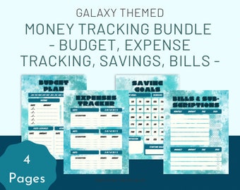 Paquete imprimible de seguimiento de dinero Galaxy, presupuesto, objetivos de ahorro, rastreador de ahorros, gastos mensuales, rastreador de facturas, rastreador de deudas, carta A4 A5