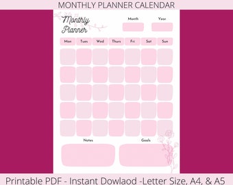 Planificador mensual imprimible / Hoja de calendario para una organización eficiente / Descarga instantánea / Herramienta de productividad / Múltiples tamaños incluidos