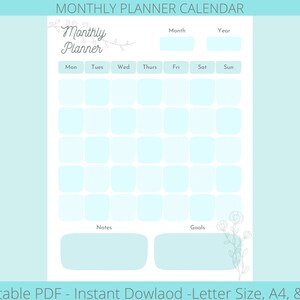 Może przedstawiać: Drukowany kalendarz miesięczny z jasnoniebieskim tłem. Kalendarz ma tytuł "Monthly Planner" z kwiatowym wzorem. Kalendarz ma miejsca na miesiąc, rok i dni tygodnia. Są też sekcje na notatki i cele.