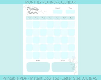 Calendario del planificador mensual imprimible, archivo PDF imprimible, planificador imprimible, organización de su día, lista de tareas pendientes imprimible, A4, A5, carta de EE. UU.