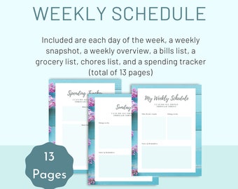 Planificador de flores semanal imprimible / Organizador de horarios semanales / Hojas diarias, semanales y mensuales / Herramienta de productividad / Seguimiento financiero y del hogar