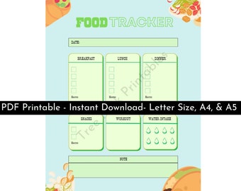 Descarga imprimible de Food Tracker, A5, A4, tamaño carta, conteo de macros, seguimiento de calorías, planificación de comidas, preparación de alimentos, estilo de vida saludable