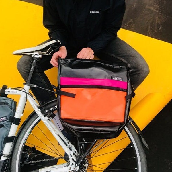 PANNIER BAG / black with orange and pink / cycling bag / Bike Bag / upcycling bags from BAGIRLS