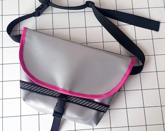 Silver-Pink Upcycled Tarpaulin Bike Bag - Cycling Bum Bag Pannier
