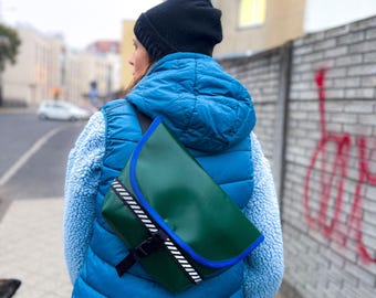 cycling bum bag / dark green with blue / bike fanny pack / waist pack /  Bike Bag / upcycling from BAGIRLS