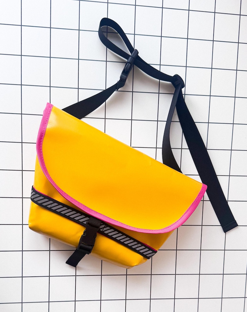 Yellow-pink Recycled Tarpaulin Bike Bag, Waterproof Cycling Fanny Pack image 1