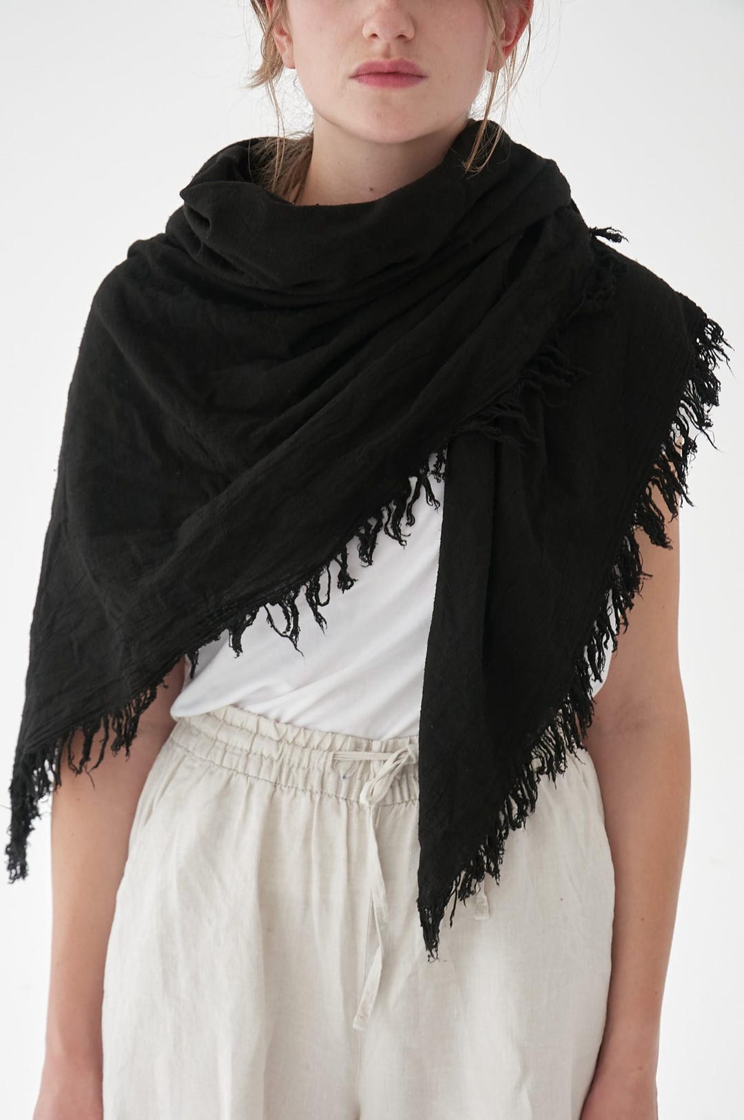 BIG BLACK SHAWL - 100% Cotton Organic| Hand Made Fringes | Simple Boho ...