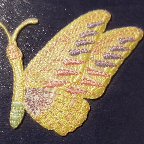 Light Yellow Butterfly Applique Iron-On/Sew-On Patch Embroidered with Pastel Accents (1 Piece)