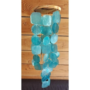 Può includere: Una carillon eolico artigianale con una parte superiore in legno e fili di pezzi di conchiglia iridescenti color turchese di varie forme. I gusci sono infilati insieme, creando un suono decorativo e rilassante. Il carillon è progettato per uso esterno o interno.