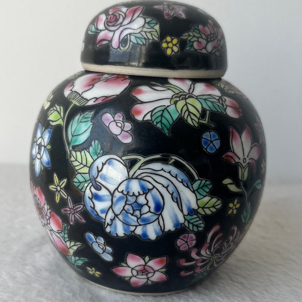 Chinese Black Lidded Ginger Jar, Lotus and Chrysanthemum Flowers, Stamped