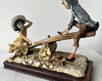 Boy and Girl Playing on See Saw, Exquisite Detail, Vintage Statue