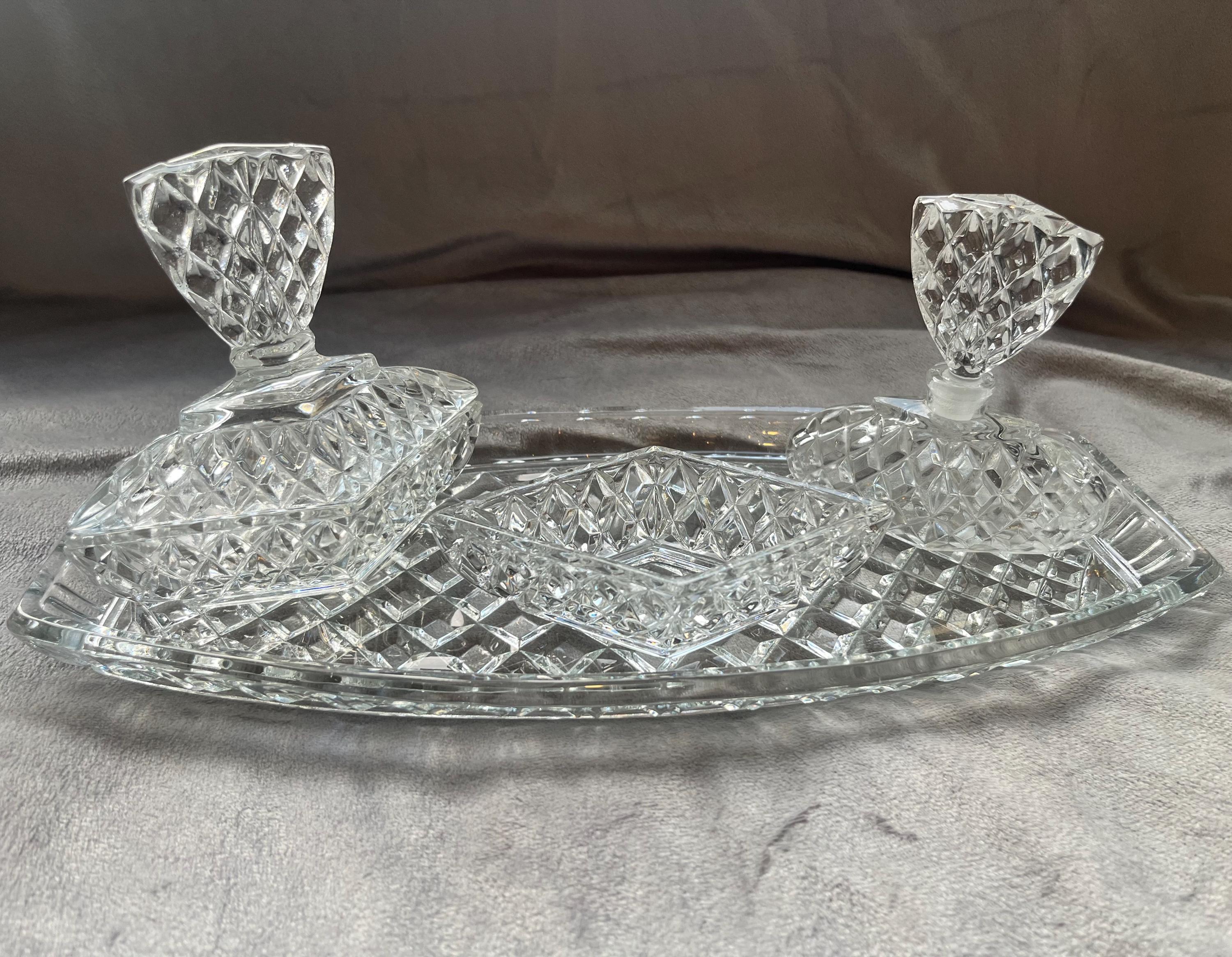 vintage glass dressing table tray Pink Set Pink Glass Dressing Table Set