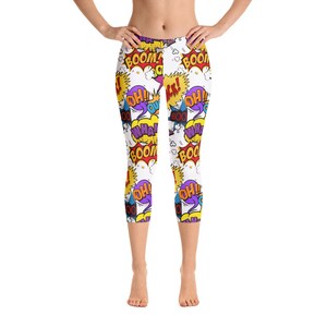 May include: White capri leggings with a colorful comic book print featuring words like "BOOM", "OH!" and "WHA!"