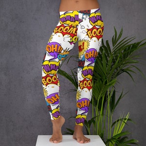 May include: White leggings with a colorful comic book print featuring words like "WHAM!" "BOOM!" and "OH!"
