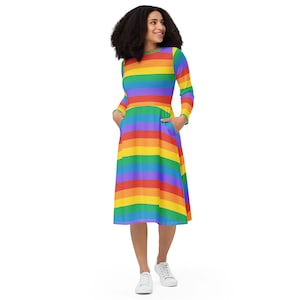 Pride Long Sleeve Midi Dress LGBQT Dress Rainbow Pride Midi Dress Lesbian Pride Dress Colorful Dress with Pockets Asexual Bisexual Dress