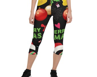 Christmas Capri Leggings Merry Xmas Leggings Holiday Leggings Christmas Pants Christmas Yoga Pants Gym Pants CaprisHoliday