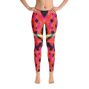 May include: Black leggings with a geometric pattern in shades of pink, orange, and yellow.