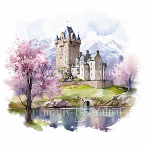 May include: A watercolor painting of a stone castle with a tall tower, surrounded by trees with pink blossoms. The castle is situated on a hill overlooking a lake with a stone bridge. The background features snow-capped mountains.