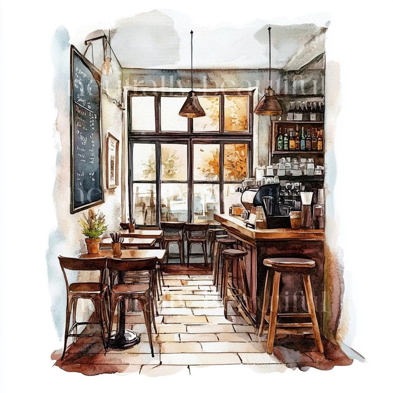 May include: Watercolor painting of a cafe interior with a counter, bar stools, tables, and chairs. The cafe has large windows with a view of trees outside. The walls are painted a light beige color. There is a chalkboard menu on the wall.