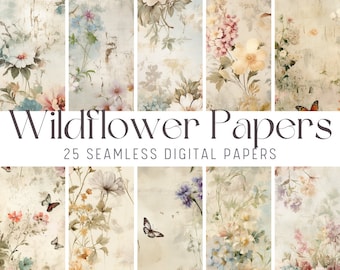 25 x Scrapbooking Wildflower Seamless Digital Paper Patterns - Junk Journal Repeating Patterns - Digital Downloadable Papers