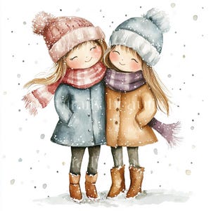 10 x Cute Winter Girls Clipart - High Quality JPGs - Friends, Watercolour Girls Painting Printable Digital Download Art & Cardmaking