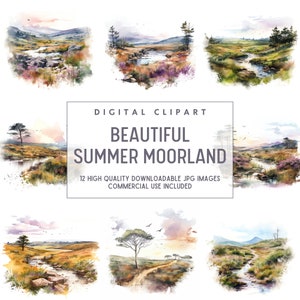 Summer Moorland Landscape - 12 High Quality Downloadable JPGs - Landscape Clipart Prints, Printable Digital Art, Crafts, Cardmaking, Prints