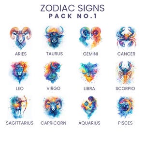 Watercolour Zodiac Horoscope Downloadable Clipart - 24 JPGs - Downloadable Printable Starsigns Digital Art Pack, Card Making, Digital Prints
