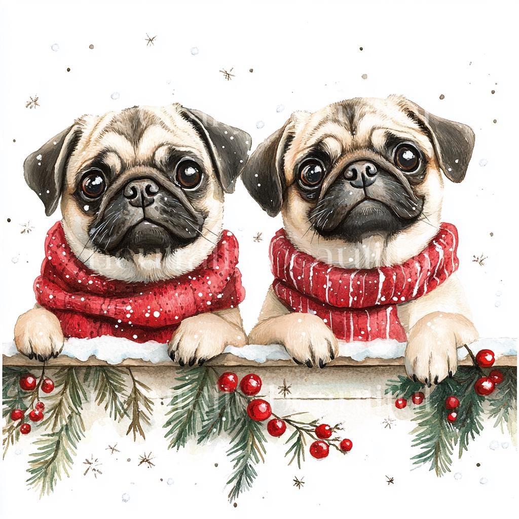 12 X Two Pug Dogs at Christmas Clipart Bundle - High Quality Jpgs Two ...