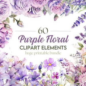 Purple Flowers Downloadable Clipart - HUGE 60 Pack Lilac Floral Watercolour Decorative Digital Art With Commercial Use - Card Making, Prints