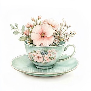 Pacote de clipart de 10 x xícaras de chá florais de sálvia, download de JPG de alta qualidade, pacote de arte digital para download de aquarela para festa de casamento verde, diário de lixo