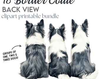 18 x Border Collie Clipart Bundle - High Quality JPG Watercolour Printable Digital Download Art - Dog Back View, Facing Away, Junk Journal