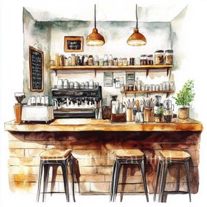 May include: A watercolor painting of a coffee shop counter with a coffee machine, shelves stocked with jars, and three bar stools. The counter is made of wood and has a brick backsplash. The coffee machine is black and has a silver drip tray. The shelves are made of wood and have a variety of jars filled with coffee beans, sugar, and other ingredients. The bar stools are black metal with wooden seats.