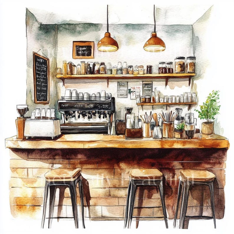 May include: A watercolor painting of a coffee shop counter with a coffee machine, shelves stocked with jars, and three bar stools. The counter is made of wood and has a brick backsplash. The coffee machine is black and has a silver drip tray. The shelves are made of wood and have a variety of jars filled with coffee beans, sugar, and other ingredients. The bar stools are black metal with wooden seats.