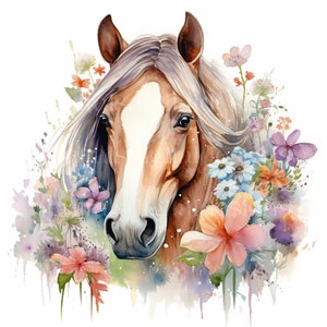 Horse & Flowers Clipart - 10 High Quality Downloadable JPGs - Printable Digital Art Pack, Card Making, Paper Craft, Prints