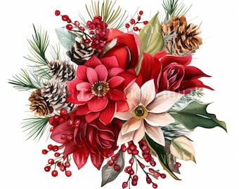 Christmas Bouquet Flowers Watercolour Clipart - 12 High Quality Downloadable JPGs - Printable Digital Art, Crafts, Cardmaking, Prints
