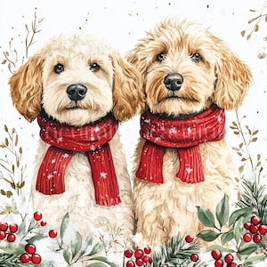 12 x Labradoodles Dogs at Christmas Clipart Bundle - High Quality JPGs Two Labrador x Poodle Dog Prints, Holidays Art Christmas Cards