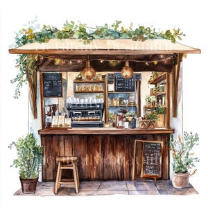 May include: A watercolor illustration of a small coffee shop with a wooden counter, a coffee machine, and a chalkboard menu. The shop is decorated with greenery and string lights. The text on the chalkboard menu reads "Coffee" and lists various coffee drinks and prices.