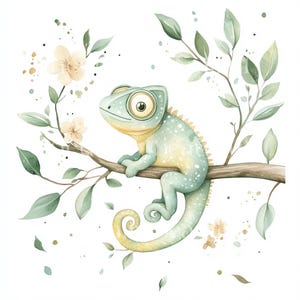 Paquete de 10 imágenes prediseñadas de camaleón lindo, paquete de arte digital de acuarela de animales bebés con descarga instantánea en formato JPG de alta calidad, diario basura