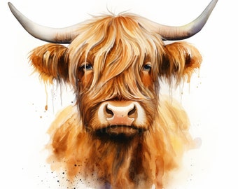 Highland Cows Clipart - 12 High Quality Downloadable JPGs - Watercolour Digital Art Pack - Card Making, Paper Craft, Digital Prints