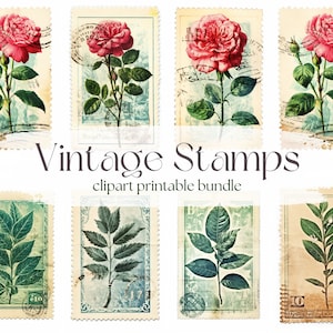10 x Vintage Floral Stamps Downloadable Digital Art Pack - Scrapbooking Elements, Postage Stamps, Card Making, Craft, Journals, JPG Clipart