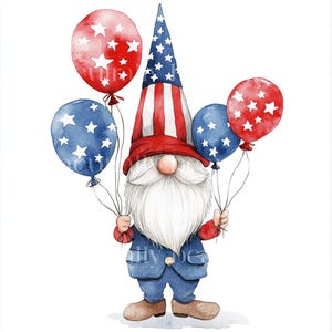 Lot de 12 cliparts gnomes des États-Unis du 4 juillet, téléchargement immédiat JPG de haute qualité, pack d'art numérique aquarelle patriotique du 4 juillet, journal indésirable